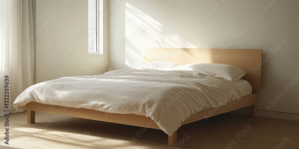 Fototapeta premium A minimalist bedroom with a bed in natural sunlight