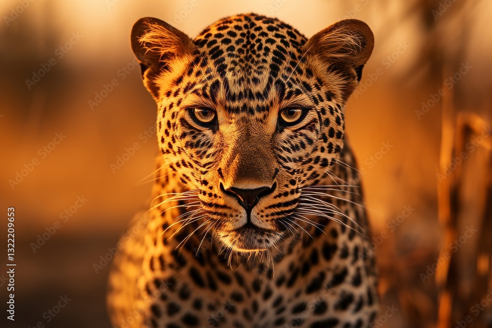 Fototapeta premium Leopard Portrait. Close-up of a Majestic Leopard in the Warm Light of the Setting Sun.