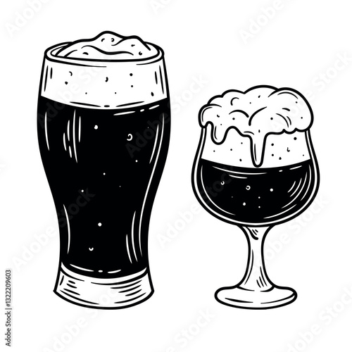 Hand-drawn black and white vector illustration of two glasses filled with dark beer. One is a classic pint glass, while the other is a snifter glass with frothy foam overflowing. The vintage engraving