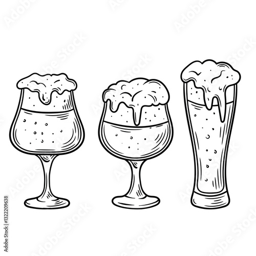 Hand-drawn black and white vector illustration of three different beer glasses filled with frothy beer. The set includes a snifter, a tulip glass, and a tall pilsner glass, each overflowing with foam.