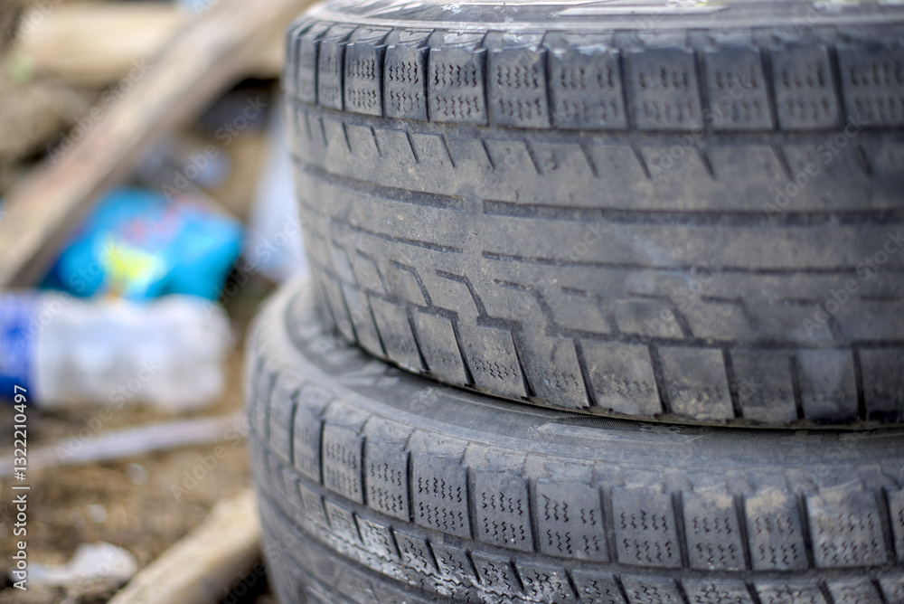 Two used tires stacked on the ground
