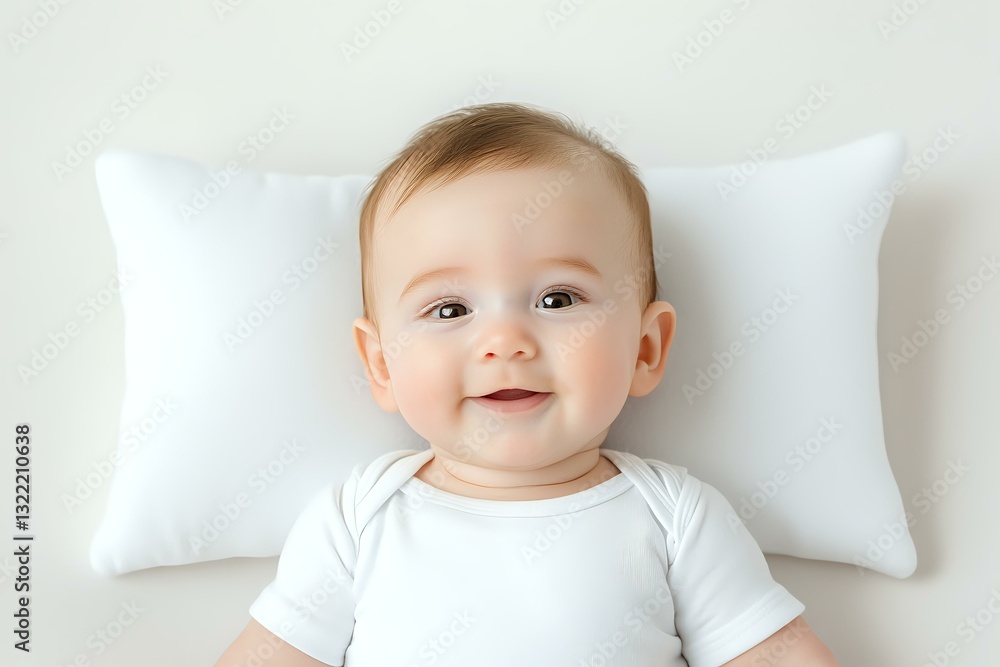 © Yuliia - Smiling baby in white onesie lying on soft pillow against light background. Joyful expression captures pure innocence and happiness in minimalist setting. © Yuliia - Smiling baby in white onesie lying on soft pillow against light background. Joyful expression captures pure innocence and happiness in minimalist setting.