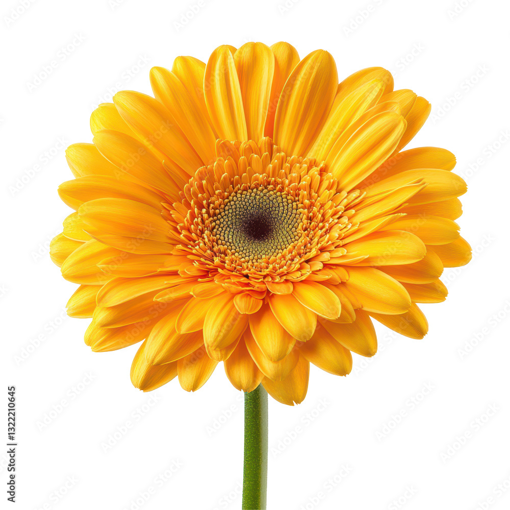 Vibrant gerbera flower in bright yellow hue isolated on a pristine white background, gerbera flower isolated on white background Vibrant gerbera flower in bright yellow hue isolated on a pristine white background, gerbera flower isolated on white background