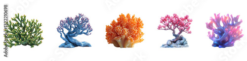 Colorful coral and tree sculptures set isolated on transparent background