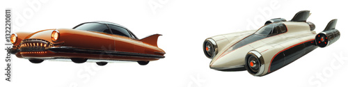 Futuristic retro flying cars with sleek designs set isolated on transparent background