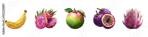 Banana, dragon fruit, apple, passion fruit, pitaya set isolated on transparent background