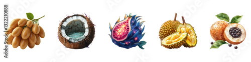 Exotic fruit set featuring dates, coconut, dragon fruit, durian, and langsat isolated on transparent background