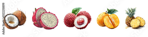 Tropical fruits including coconut, dragon fruit, lychee, mango, pineapple set isolated on transparent background