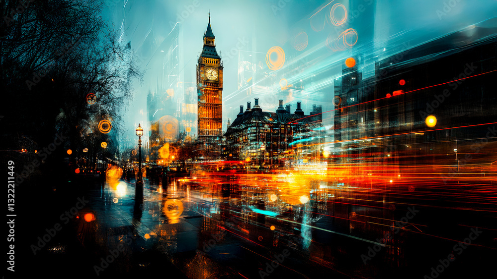 Obraz premium A double-decker bus in motion on a wet London street, reflecting city lights, with Big Ben as a timeless presence in the distance.