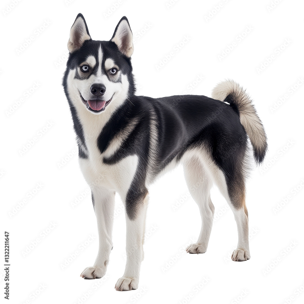 Playful Siberian Husky standing proudly on a bright Transparent background showcasing its striking coat and features, Siberian Husky on PNG background Playful Siberian Husky standing proudly on a bright Transparent background showcasing its striking coat and features, Siberian Husky on PNG background