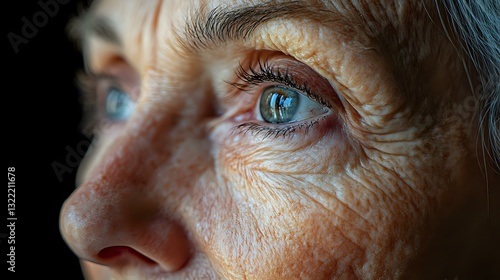 Close up portrait of senior Caucasian woman with bright blue eyes and natural aging skin texture showing wisdom and life experience in dramatic lighting. photo