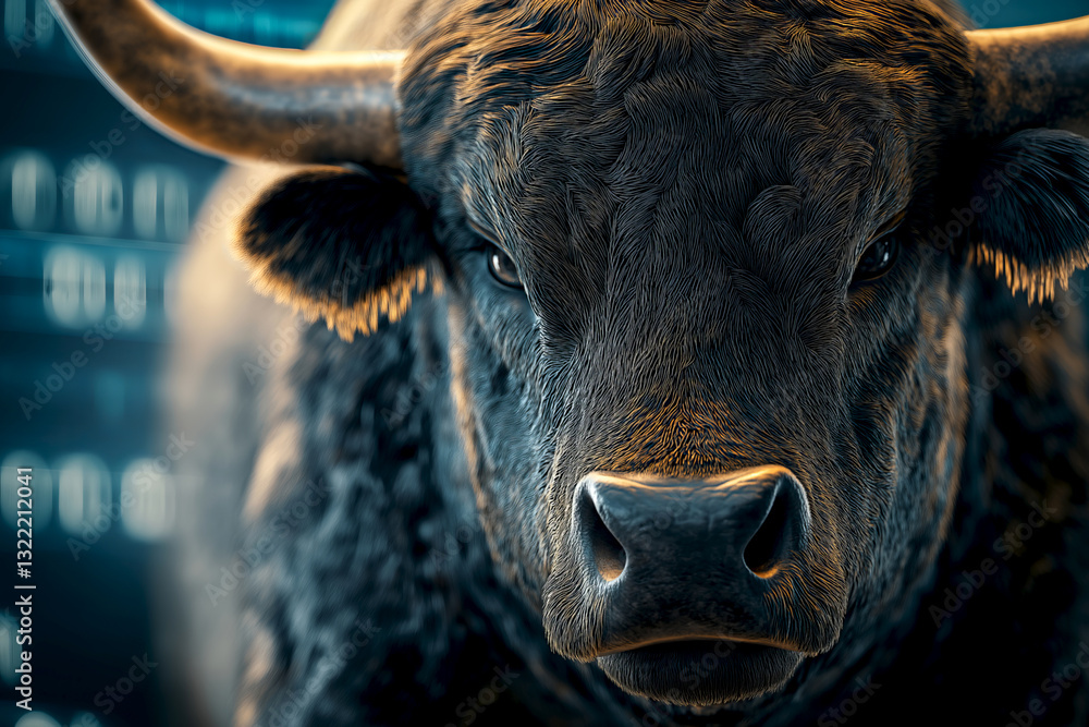 Naklejka premium Strong bull represents confidence in the stock market with fluctuating graphs in the background, highlighting financial dynamics of trading and investment activities