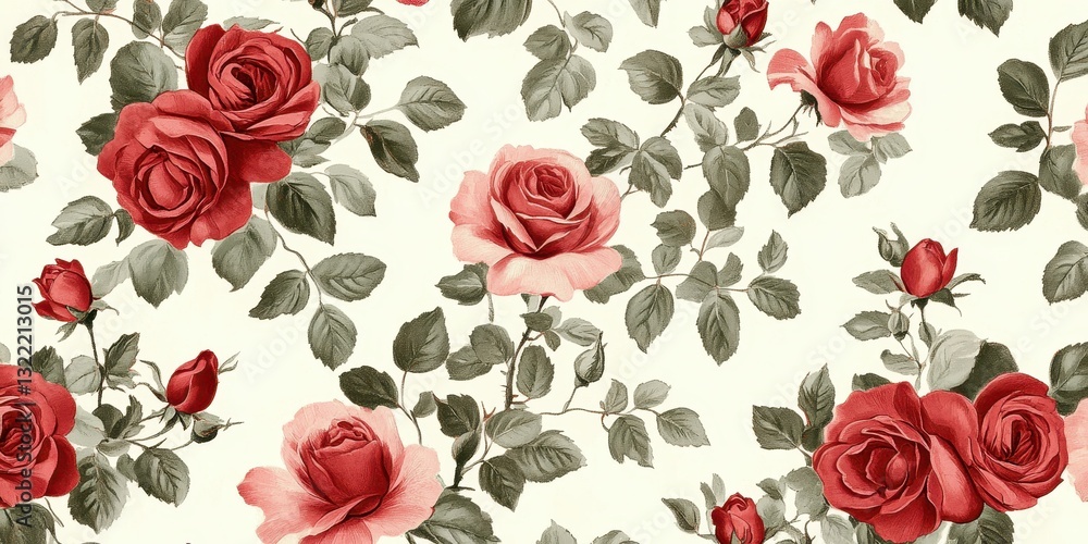 A detailed floral pattern featuring red and pink roses and leaves A detailed floral pattern featuring red and pink roses and leaves
