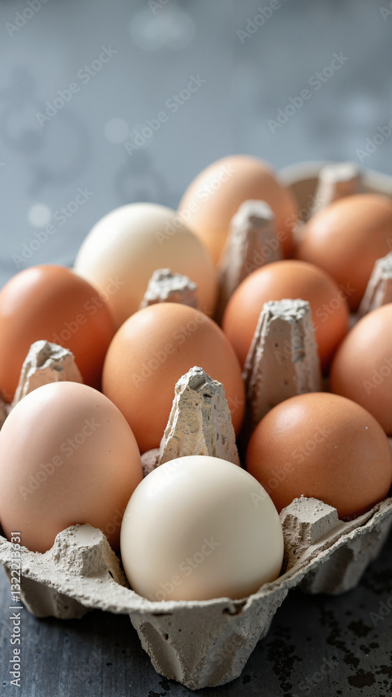 Farm-Fresh Eggs in Rustic Carton on Textured Gray Table - Ideal for Food Blogs, Cookbooks, and Culinary Promotions Farm-Fresh Eggs in Rustic Carton on Textured Gray Table - Ideal for Food Blogs, Cookbooks, and Culinary Promotions