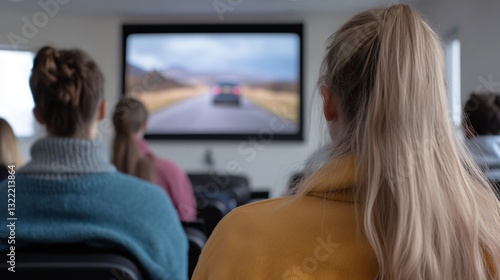 Drivers ed, Group of people watching presentation, diverse attendees engaged in learning, projecting informative video on large screen.