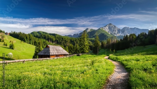 Fototapeta Naklejka Na Ścianę i Meble -  Lush Spring Meadows of the Chocholowska Valley, Poland Vivid Blossoms Paint a Picture of Tranquility and Renewal Amidst the Carpathian Mountains.
