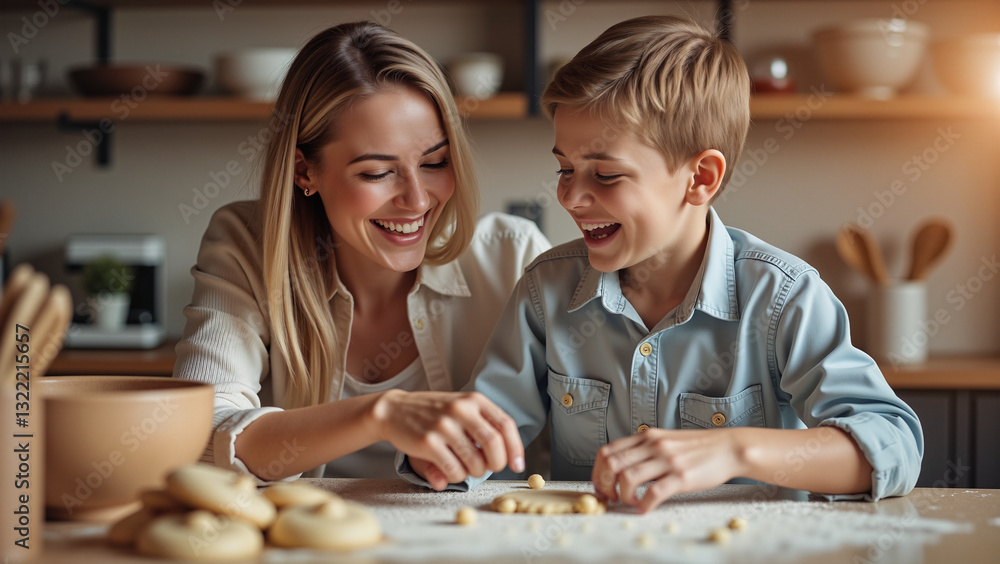 Fototapeta premium Mother and Son Laughing While Baking Cookies in Warm Kitchen, Joyful Family Moment