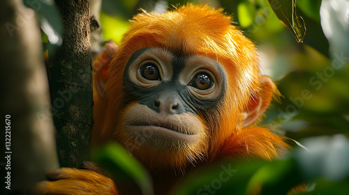 Enchanting gaze of a golden snub-nosed monkey, amidst lush greenery photo