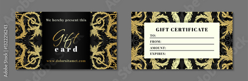 Black certificates with golden baroque ornament. Dark voucher text template. Elegant classic design glamorous ornate gift cards. EPS 10 vector illustration.
