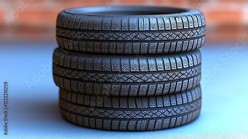 Stacked tires against brick wall
