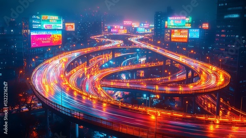 A broad city perspective highlighting the twisting highways and bridges beneath a glow of vibrant billboards