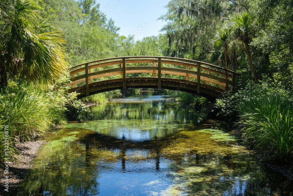 Wooden bridge arching over a calm, green river, surrounded by lush greenery and trees. Wooden bridge arching over a calm, green river, surrounded by lush greenery and trees.