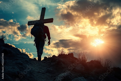 A man climbing a steep mountain trail, carrying a large wooden cross on his back