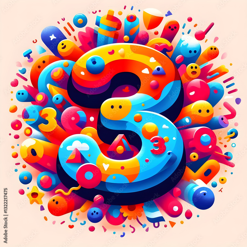 Fototapeta premium Number three exploding with joy and surrounded by colorful shapes and cute characters