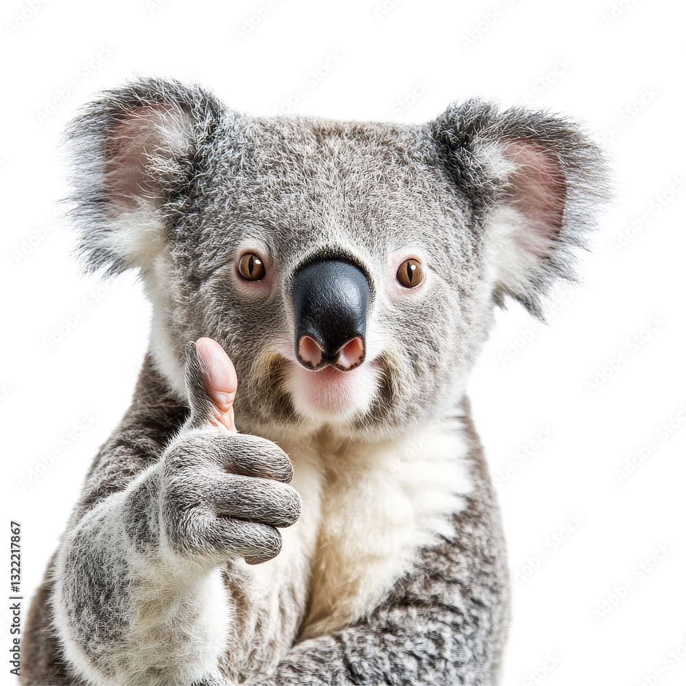 Naklejka premium Cute koala gives thumbs up on Transparent background expressing happiness and friendliness, Cute Koala Giving Thumbs Up Isolated on PNG background