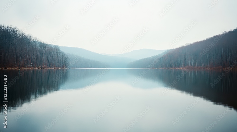 A still, expansive lake stretches between forested shores, enveloped in serene, misty ambiance with distant hills. A still, expansive lake stretches between forested shores, enveloped in serene, misty ambiance with distant hills.