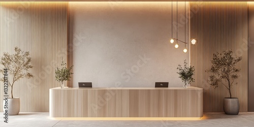A modern reception area featuring wood and illuminated surfaces