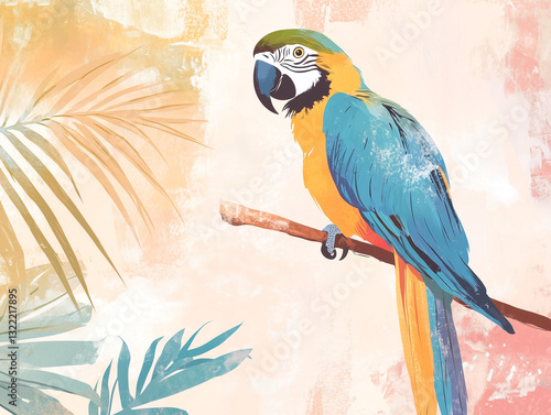 Colorful parrot illustration perched on a branch with tropical leaves