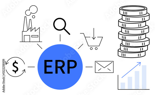 ERP central hub with factory, magnifying glass, shopping cart, coins, graph, currency, and envelope icons connected. Ideal for operations, logistics finance communication analysis strategy