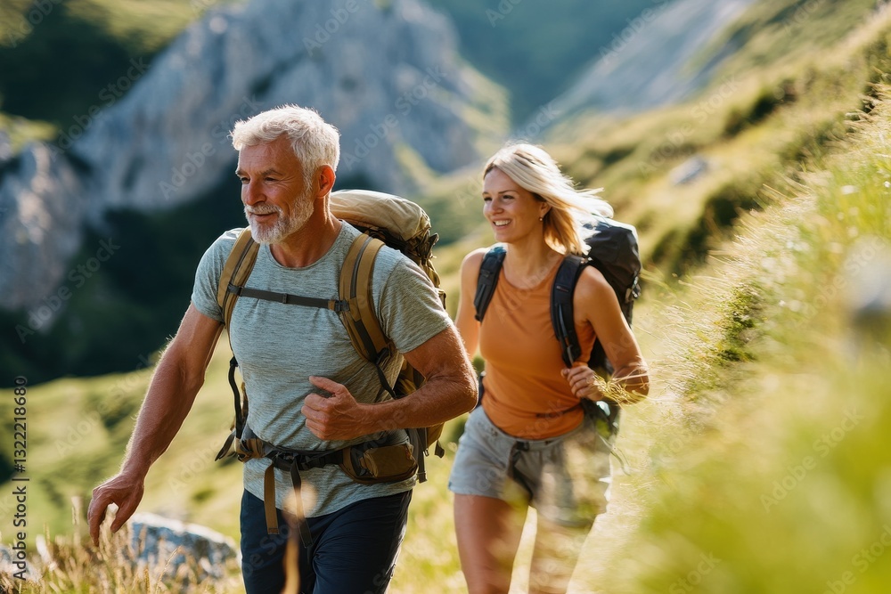 Fototapeta premium Couple hiking on a beautiful mountain trail under the golden sun, enjoying nature and each other's company during an adventurous day