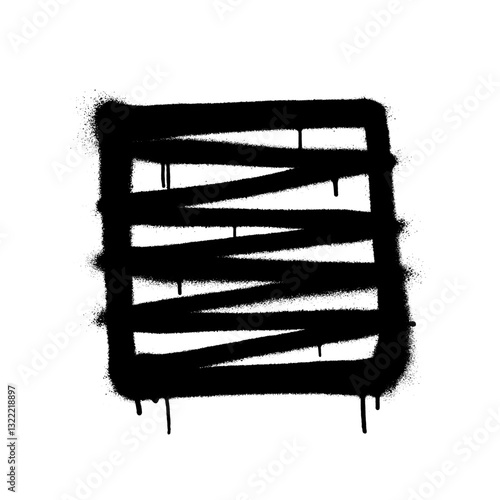 Square icon drawn by spray with overspray in black over white. Vector illustration.