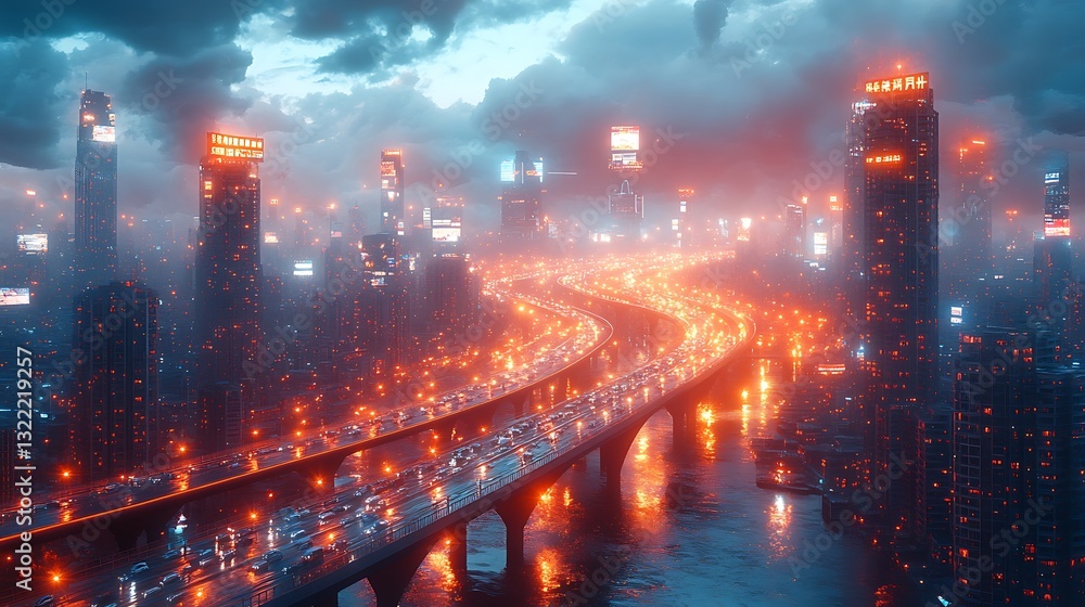 Fototapeta premium A panoramic urban scene capturing a complex web of highways and bridges glowing with billboard lights