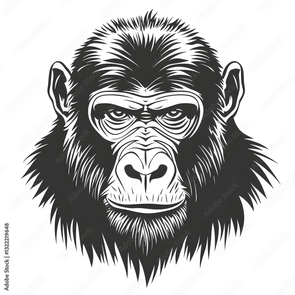 Chimpanzee Portrait: A powerful and intense close-up illustration of a chimpanzee's face, rendered in striking black and white. The image is a captivating study in primate anatomy and expression. Chimpanzee Portrait: A powerful and intense close-up illustration of a chimpanzee's face, rendered in striking black and white. The image is a captivating study in primate anatomy and expression.