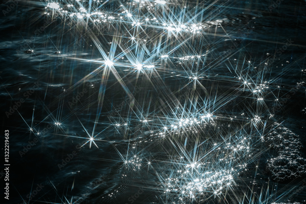 Fototapeta premium Sunlight reflects off flowing water, creating a dazzling starburst effect. The contrast between shimmering light and rushing currents adds a dynamic and mesmerizing feel to the scene.