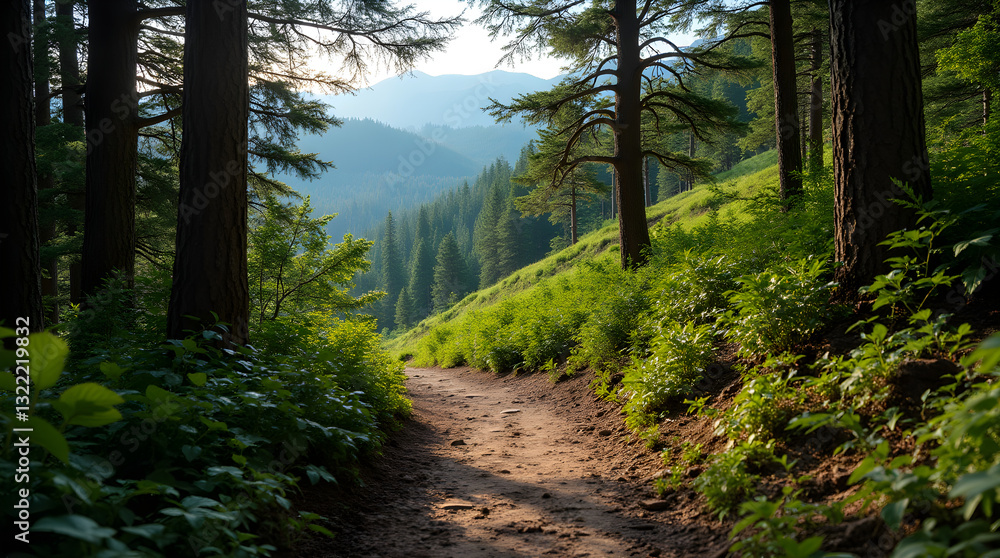 Fototapeta premium Scenic Sunlit Forest Path Hiking Trail Through Lush Green Trees Leading to Distant Mountainous Range Green Forest Nature Scenery View