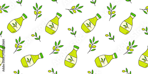 Seamless pattern with doodle colored olive oil in glass bottles and olive twigs on white background. Vegetable fats. Healthy nutrition concept.