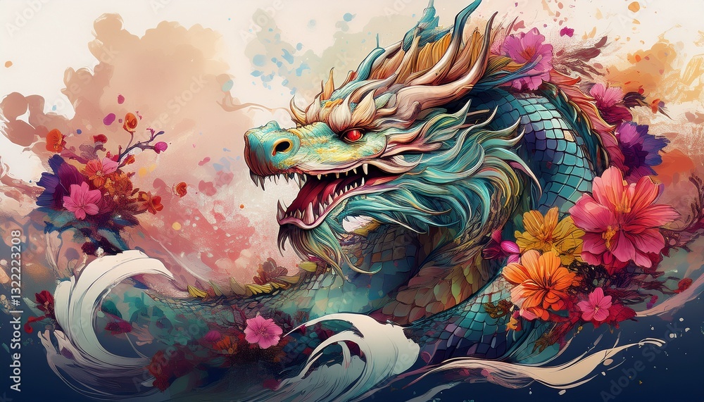 Fototapeta premium beautiful majestic chinese dragon with vibrant colorful flowers
