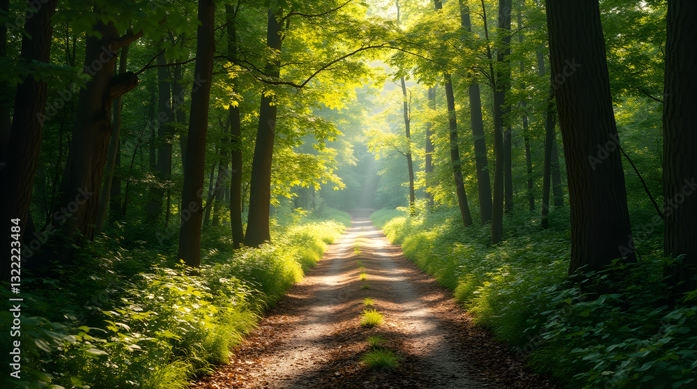 Fototapeta premium Scenic Forest Path Sunlight Through Trees in a Green Nature Landscape