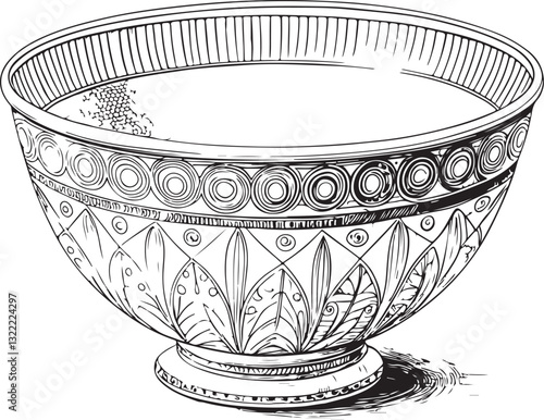 Ceramic Bowl Black and White Vector Illustration, Sketch Drawing Line Linear Engraving, Hand-drawn Isolated