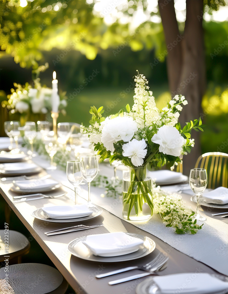 Fototapeta premium Eingedeckter Tisch, Feier, Blumengestecke 