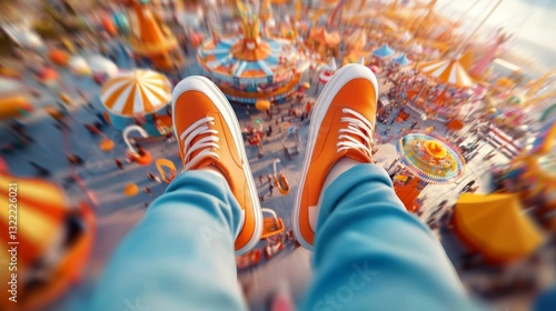Amusement park fun! Person's legs in orange sneakers dangle high above the colorful rides.