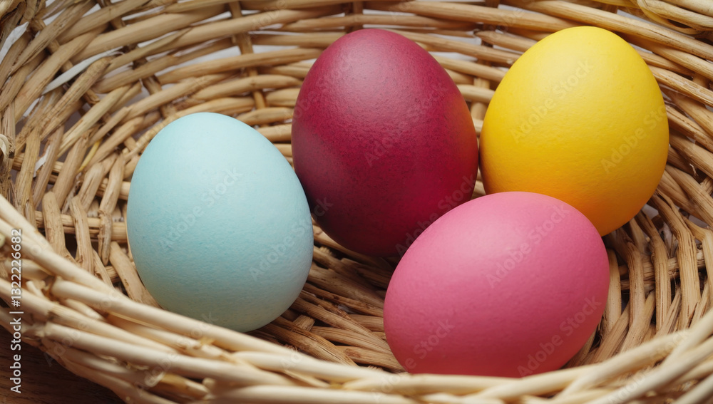 Colored Easter eggs in basket on the table, painted in bright colors (blue, yellow and red), festive horizontal greeting cards and banners Colored Easter eggs in basket on the table, painted in bright colors (blue, yellow and red), festive horizontal greeting cards and banners