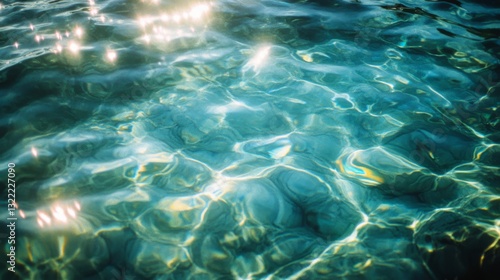 Sunlight dances on the surface of glimmering turquoise water  creating sparkling reflections.