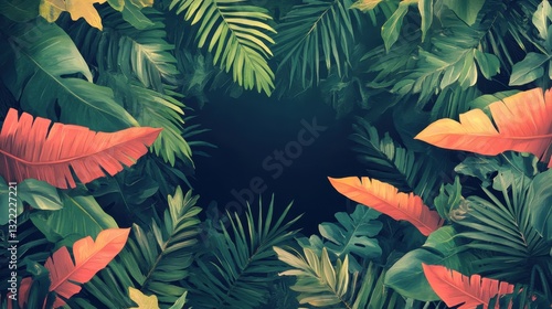 An abstract illustration features lush colorful tropical plant foliage