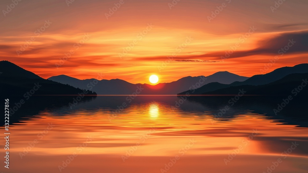 A stunning sunset casts vibrant colors across the horizon as the sun sets behind majestic mountains. The calm lake mirrors this breathtaking display, enhancing the tranquil atmosphere A stunning sunset casts vibrant colors across the horizon as the sun sets behind majestic mountains. The calm lake mirrors this breathtaking display, enhancing the tranquil atmosphere
