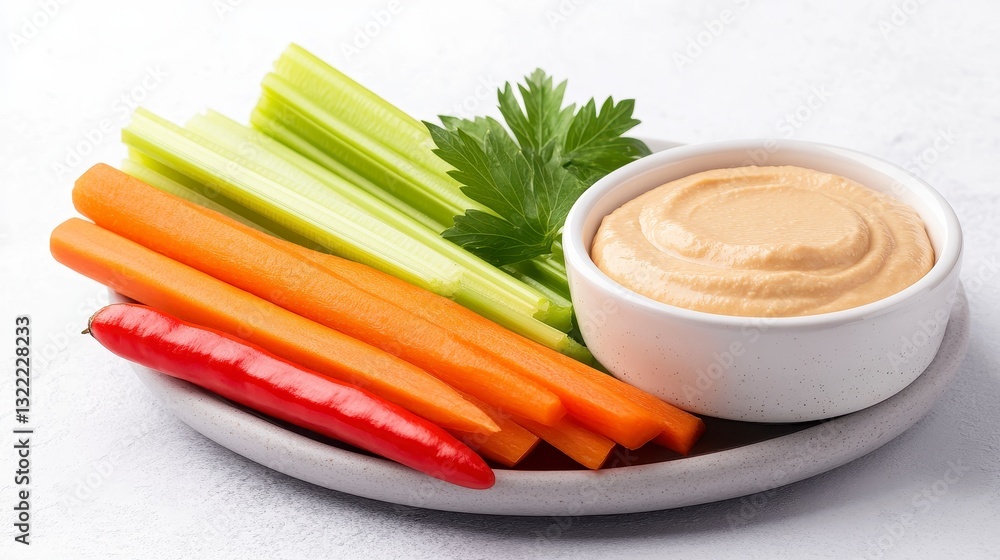 Close up view of a small white bowl of creamy beige dip alongside orange carrot and pale green celery sticks, and a red chili pepper on a speckled Close up view of a small white bowl of creamy beige dip alongside orange carrot and pale green celery sticks, and a red chili pepper on a speckled